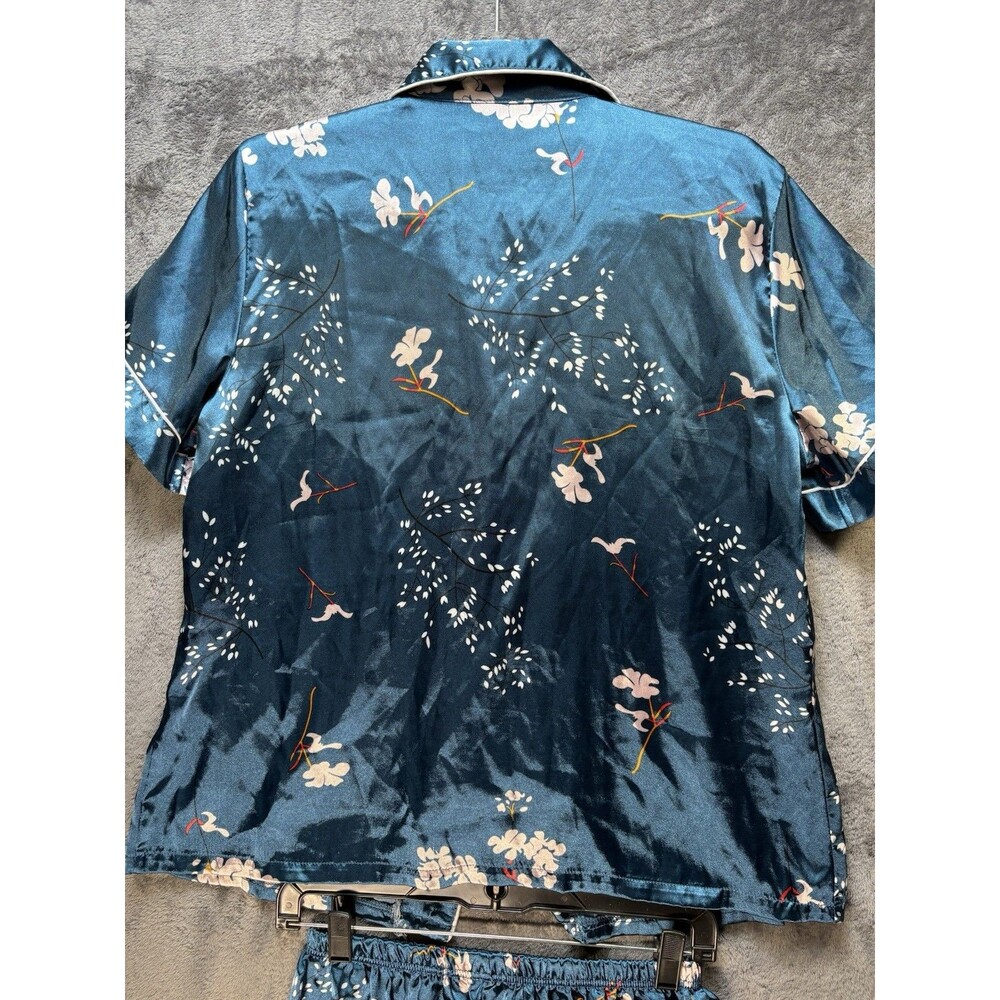 Blue Satin Floral Pajama Set Collared Button Front Piping Short Sleeve - L - Picture 7 of 10